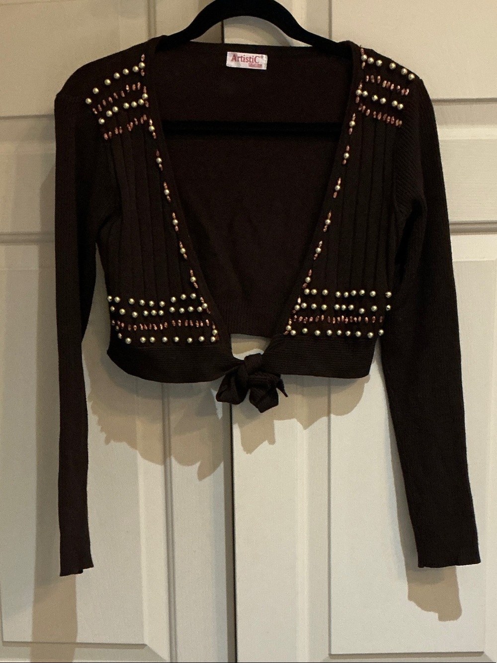 artis Dark Brown Cropped Tie-Front Cardigan with Stud Embellishment